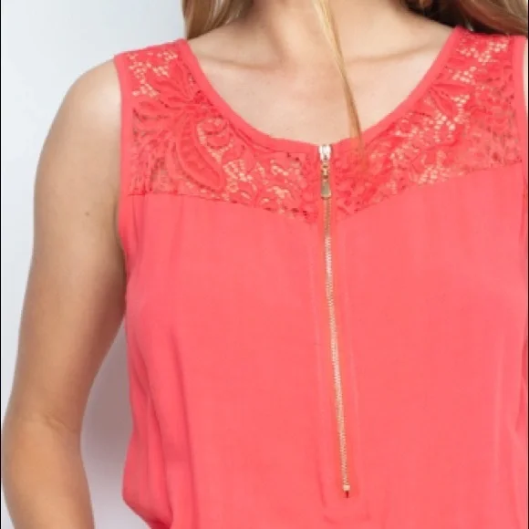 Coral Sleeveless scoop neck lace detail zip front gartered waist romper, NEW! - Picture 8 of 16